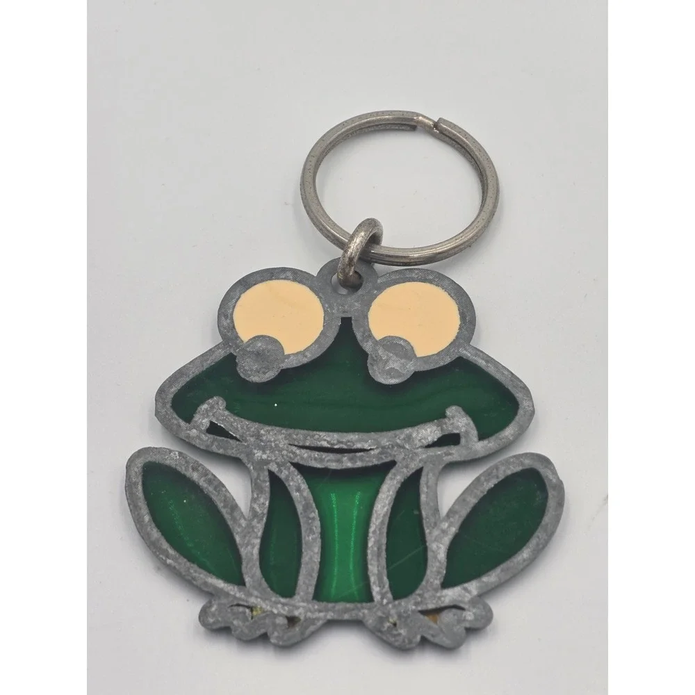 Vintage Green Frog Stained Glass Style Enamel Keychain Silver Tone Metal Ring